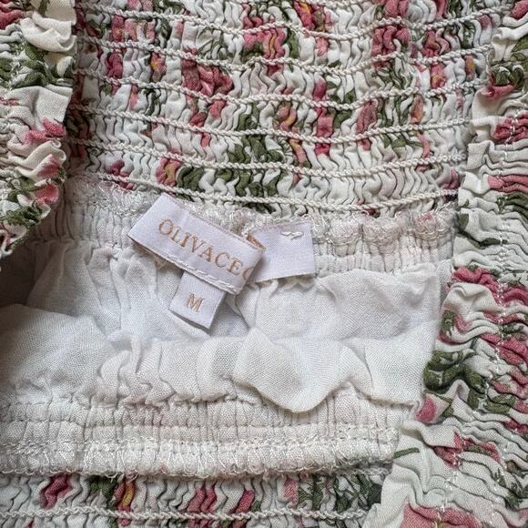 Olivaceous white pink floral ruched smocked tiered ruffle strapless top SIZE M - Picture 2 of 5